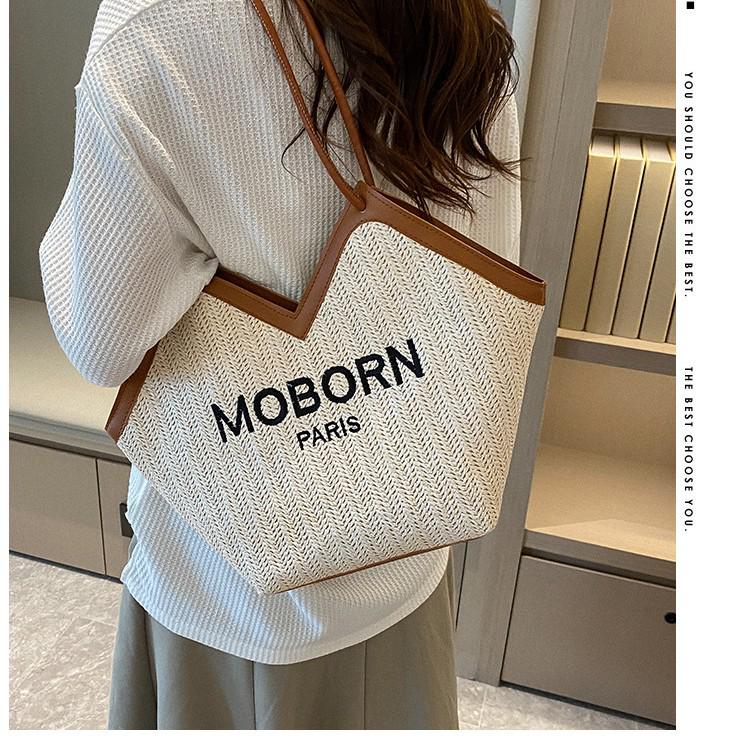 2025 Snygg Strandväska i Halm för Resor för Kvinnor: Mångsidig flätad axelväska