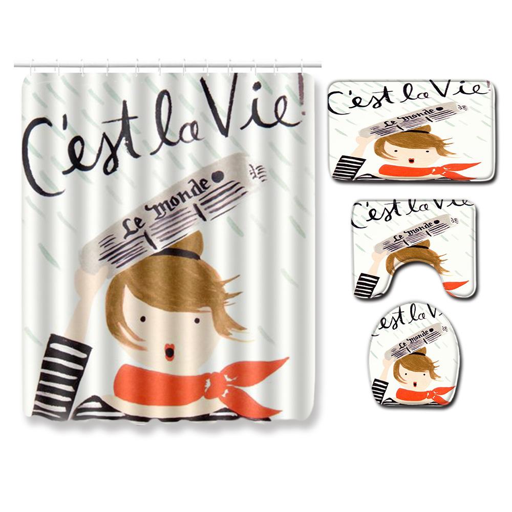 Fashion Textured Bathroom Shower Curtain Floor Mat Toilet Cover Foot Mat Four-Piece Set