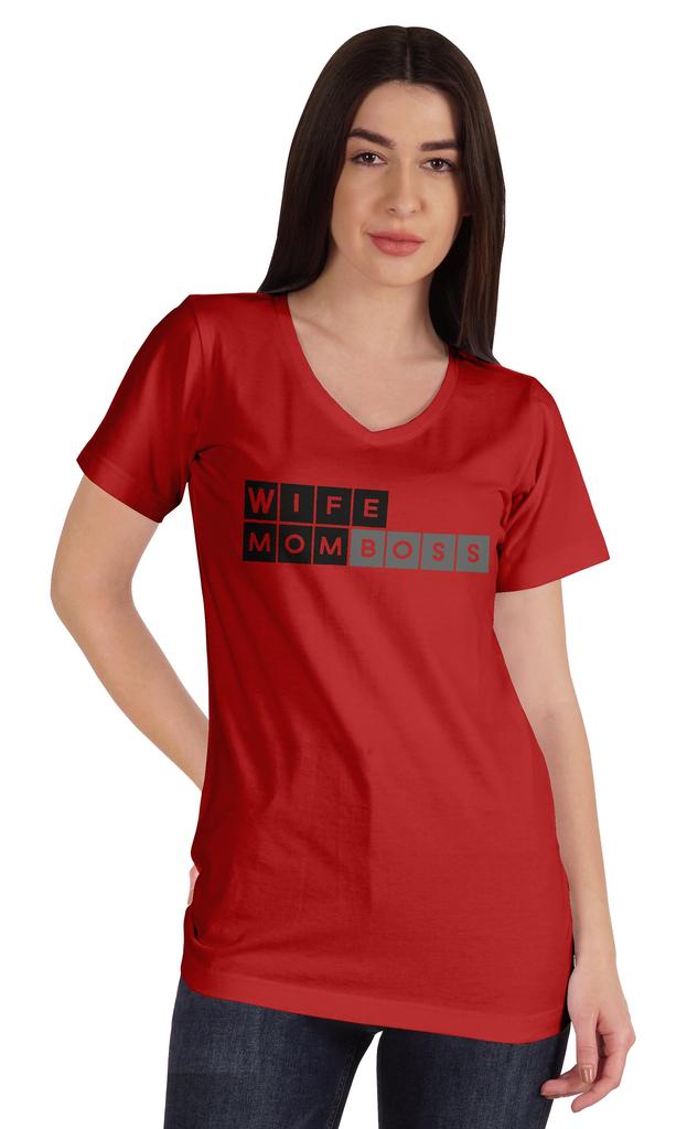 Inkmeso Wife Mom Boss Women Tshirt Cotton Top V-neck Mother’s Graphic Tee Shirt