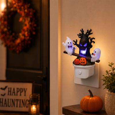 DYS Animated Seesaw Ghosts Night Light, Halloween Plug-in Lamp with Moving Figurines, Spooky Glowing Decor for Kids Room, Party