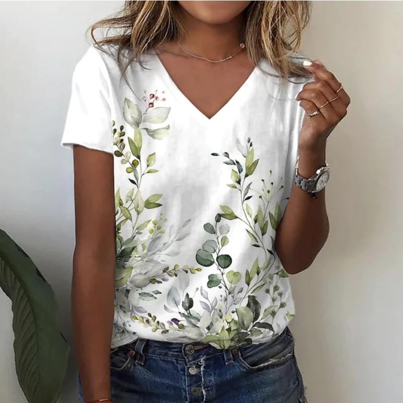 Women's summer V-neck loose short-sleeved white fashionable women's T-shirt 3D center flower small fresh top casual clothes