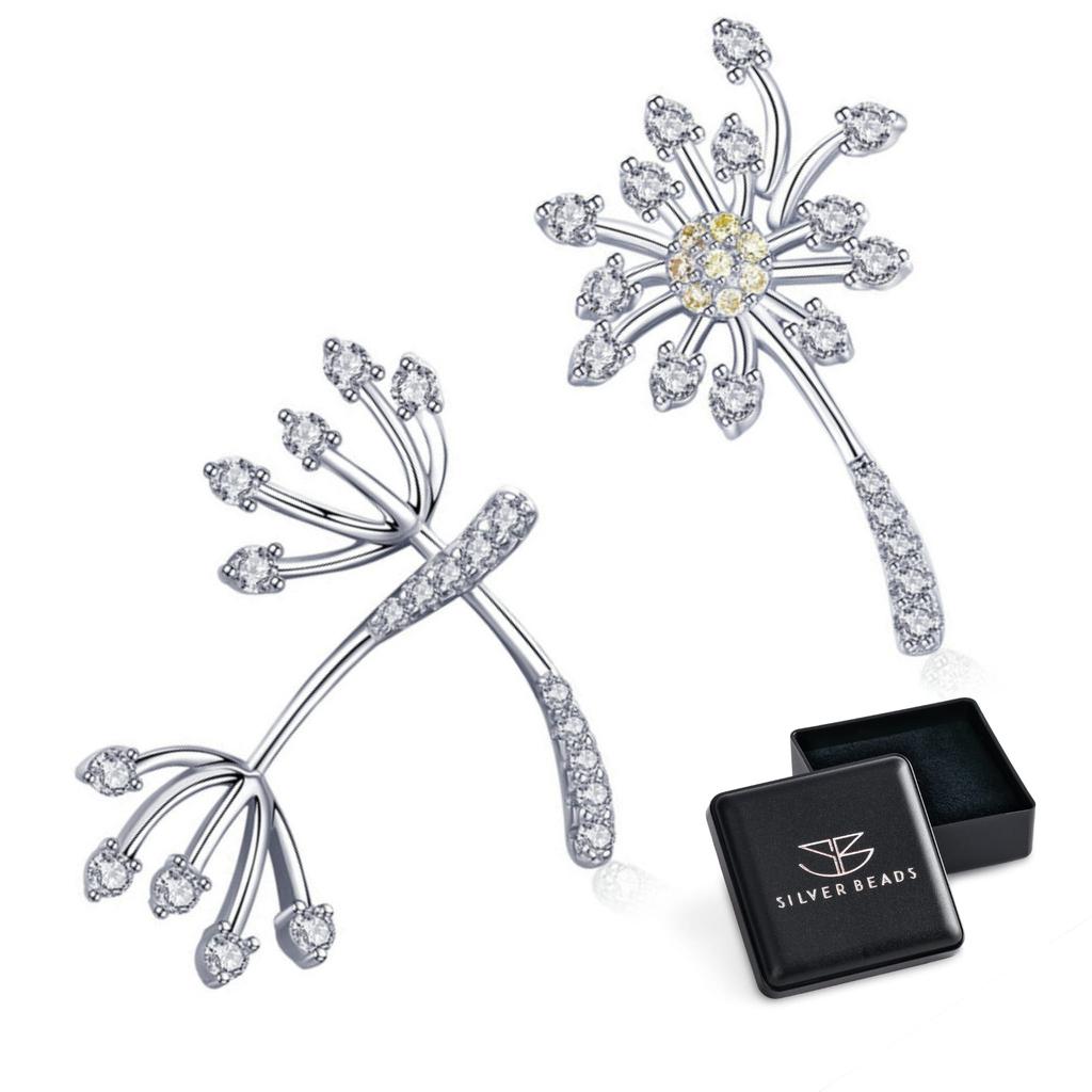Silver crystal dandelion stud earrings 925 silver