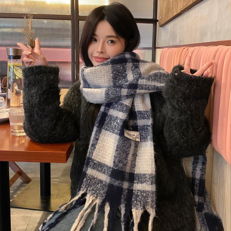 

New Autumn and Winter Scarf Korean Style Atmosphere Blue Plaid Scarf Women s High End Scarf Thickened and Warm 225*40CM