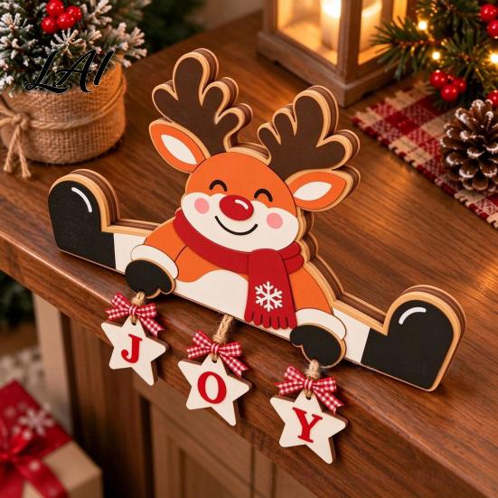 Santa Claus Reindeer Snowman Ornaments Wooden Christmas Tabletop Decor 2D Flat Hanging Shelf Sitters with JOY Ornaments Rustic Wood Crafts