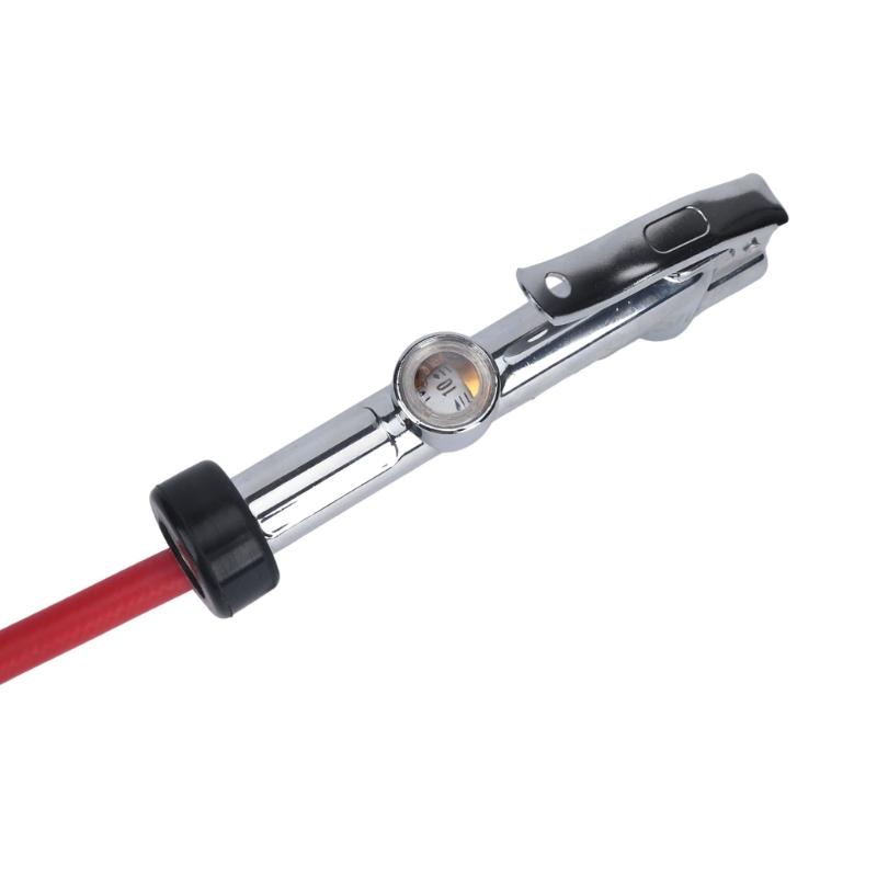Hand Operated Air Chuck Pressure Gauge with Angled Tire Head and Hose for Motorcycle and SUV Tire Care Tasks