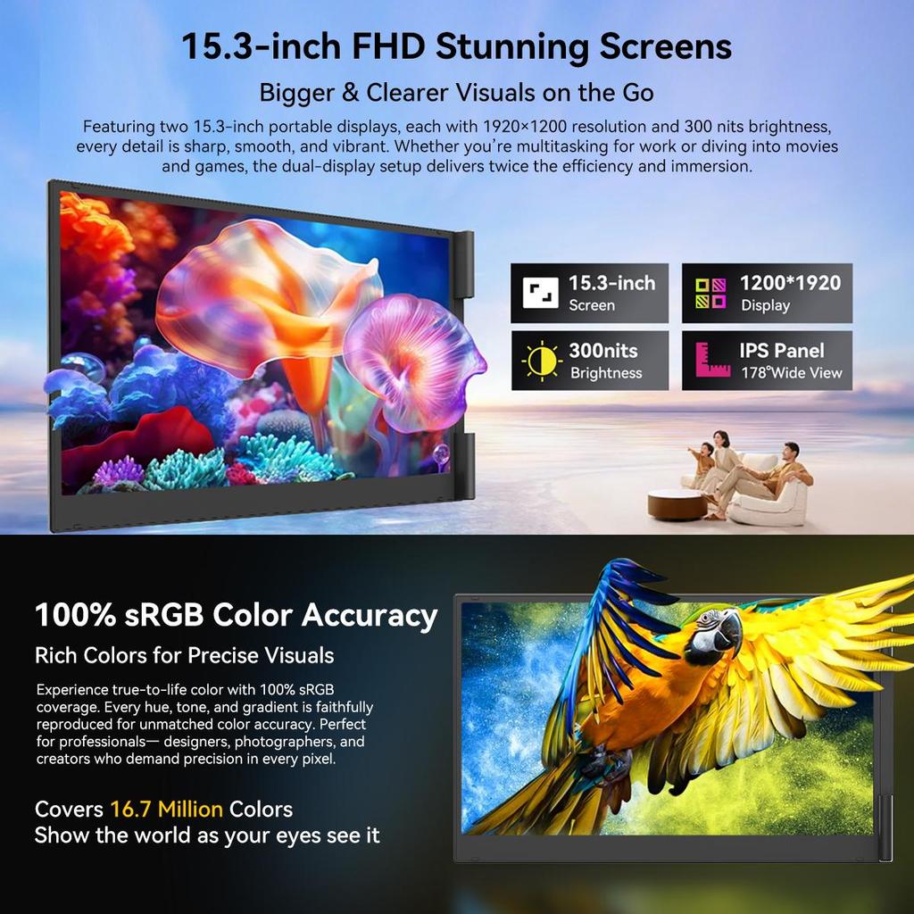 Blackview DCM8 15.3" Dual Portable Monitor — Ultra-Thin 4.6mm, 1.2kg, TÜV Low Blue Light