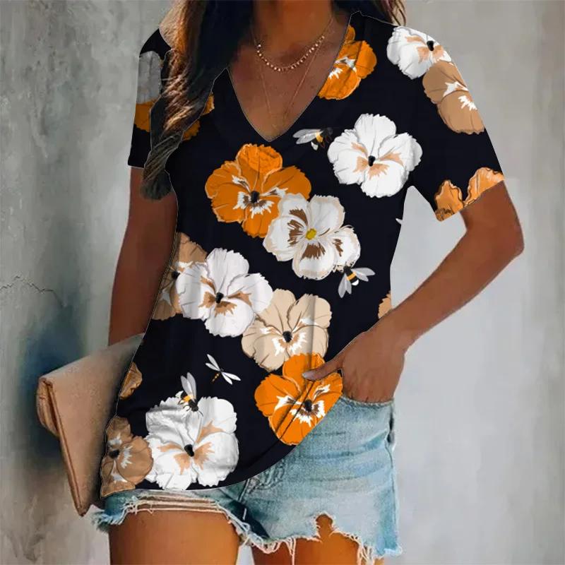 Summer Women Fashion T-shirt Tropical Plants Graphic V-Neck Tops Tees Female Vintage Short Sleeve Clothing Ladies Casual Outfit