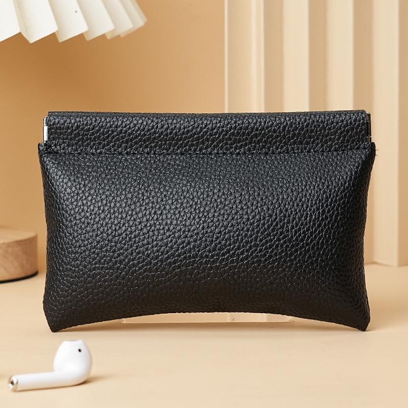 Luxurious Black Litchi Leather Snap-Closure Jewelry & Lipstick Pouch