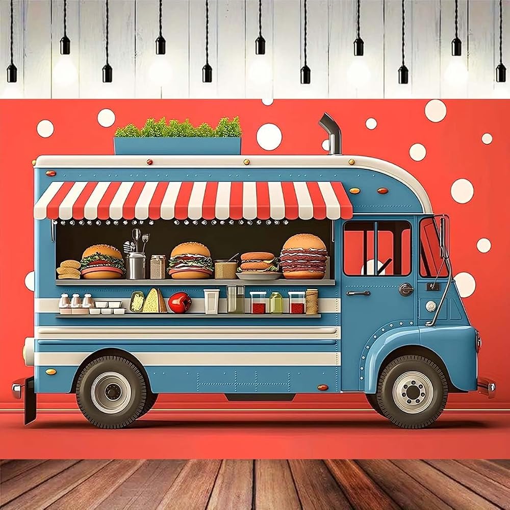 Hamburger Truck Backdrop, Fast Food Dessert Shop Background, Birthday Diner Party Photo Background, Hamburger Truck Banner, Dessert Shop, Fast Food, H