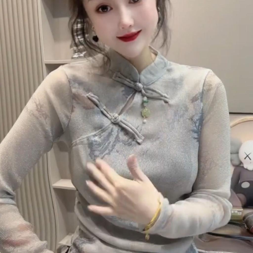 Spring Design Stand Collar Tie-dye Shirt New Long-sleeved T-shirt Women's Slim New Chinese Style Top