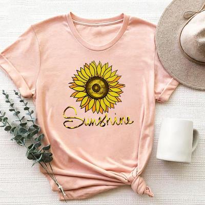 (Asian Size)Clothing Casual Sunflower Letter Trend Cute Short Sleeve Tee Top Fashion T Shirt Women Print Lady Female Graphic T-shirt