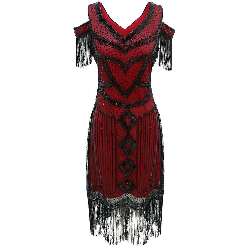 

Women s 1920s Gatsby Flapper Dress, Vintage Sequin Fringe V-Neck Cocktail Party Dress XL червоний