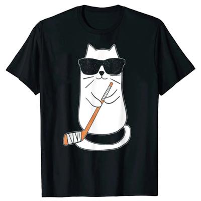 Funny Ice Hockey Cat Player Stick Retro 100% Cotton T-shirt Men Women's Fashion Casual Tshirt Loose Oversized Streetwear T Shirt