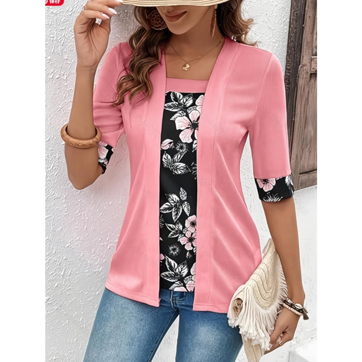 

Spring Summer Loose Short Sleeve T-shirt, Color Block Spliced Fake Two-piece Casual Top for Cross-border Women XXL рожевий
