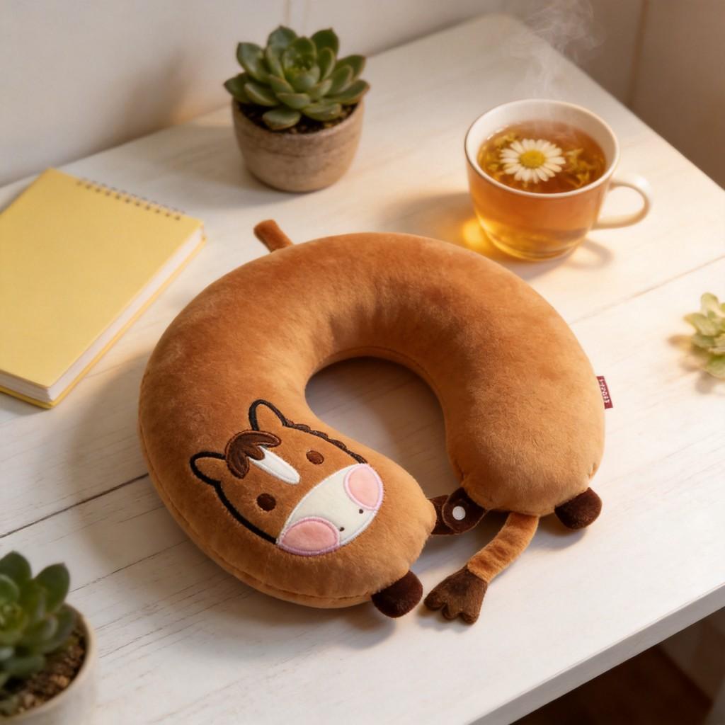 Cuscino per il collo a forma di U in memory foam con cartone animato di pony e fodera morbida elasticizzata per adulti