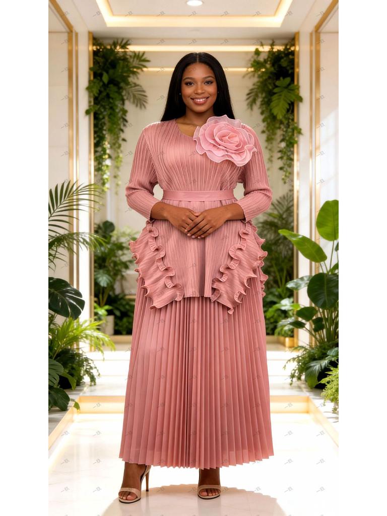 Miyake Plus Size African-Inspired Pleated Ruffle Irregular Two-Piece Set - Women's Fashion