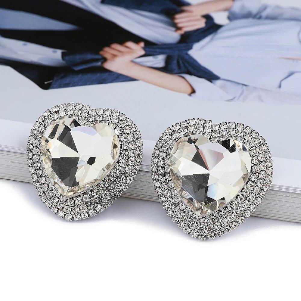 Heart Shiny Glass Charm Decor Bride Big Stud Earrings For Women Trend Luxury Fairy Romantic Wedding Party Jewelry Accessories