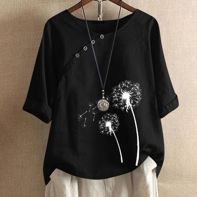 Summer Loose Fit T-shirt Ladies V Neck Buttons Floral Printed Blouse Casual Top for Women's Plus Size Clothing