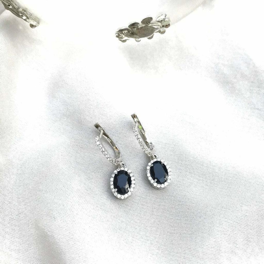 Genuine Natural Blue Sapphire Oval Halo Dangle Drop Silver Earrings  For MOM