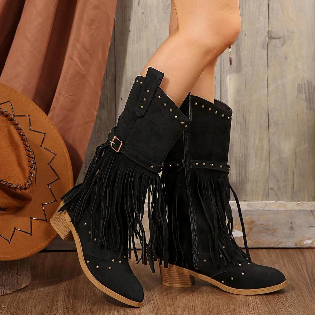 Women Boots 2024 Autumn/winter Plus Size 43 Knight Boots Tassel Retro New Rivet Belt Buckle Zipper Fashion Luxury Midsole Boots