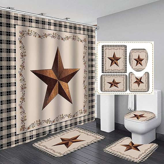 

Набор из 4 предметов: деревенская шторка для душа с западной звездой в черном, бежевом и клетчатом паттерне «буффало».