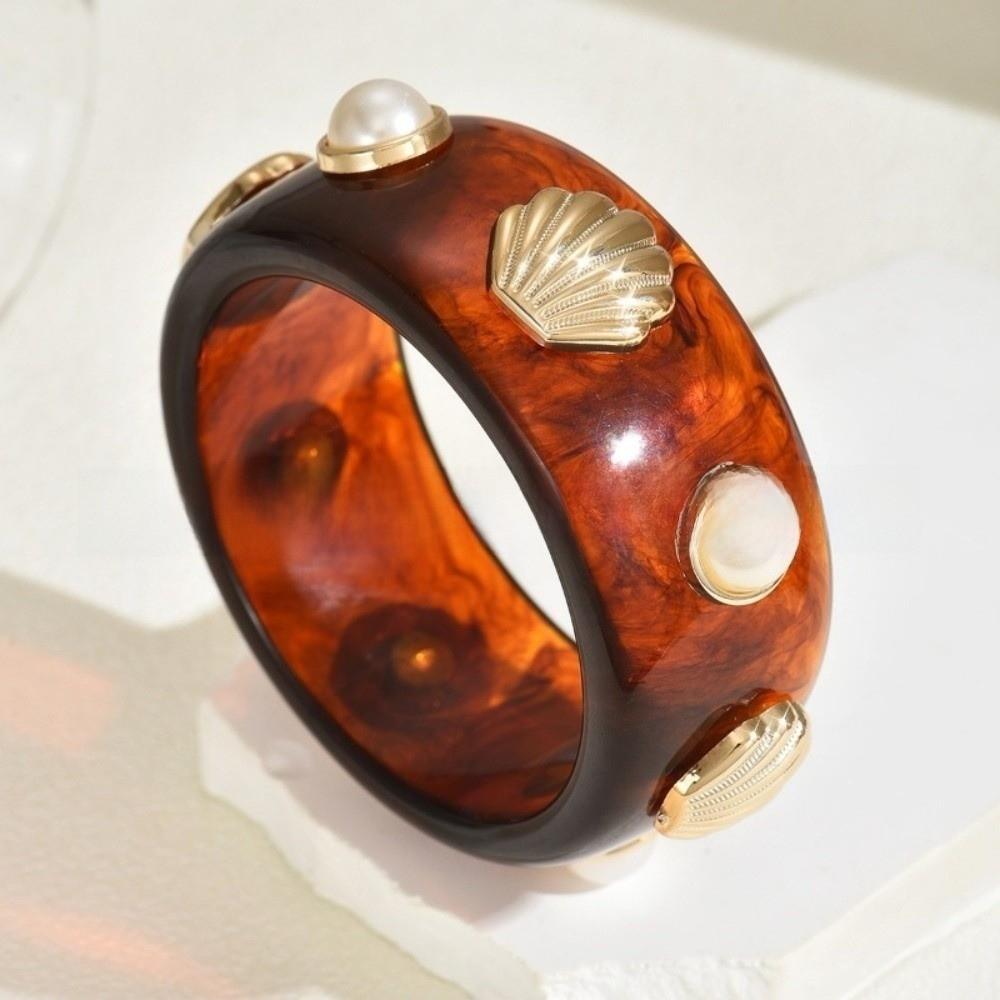 Pearl Shell Resin Cuff Bracelet Round Chunky Bangle Vintage Wide Cuff Bracelet  Gifts