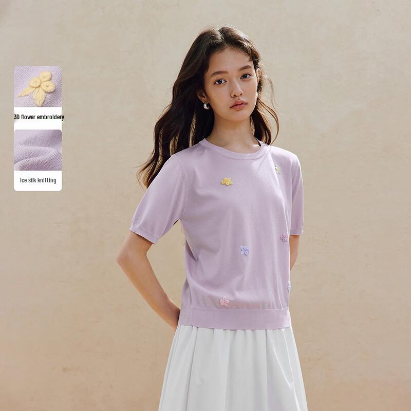 INMAN Ice Silk Floral Embroidered Knit Short Sleeve Top XL