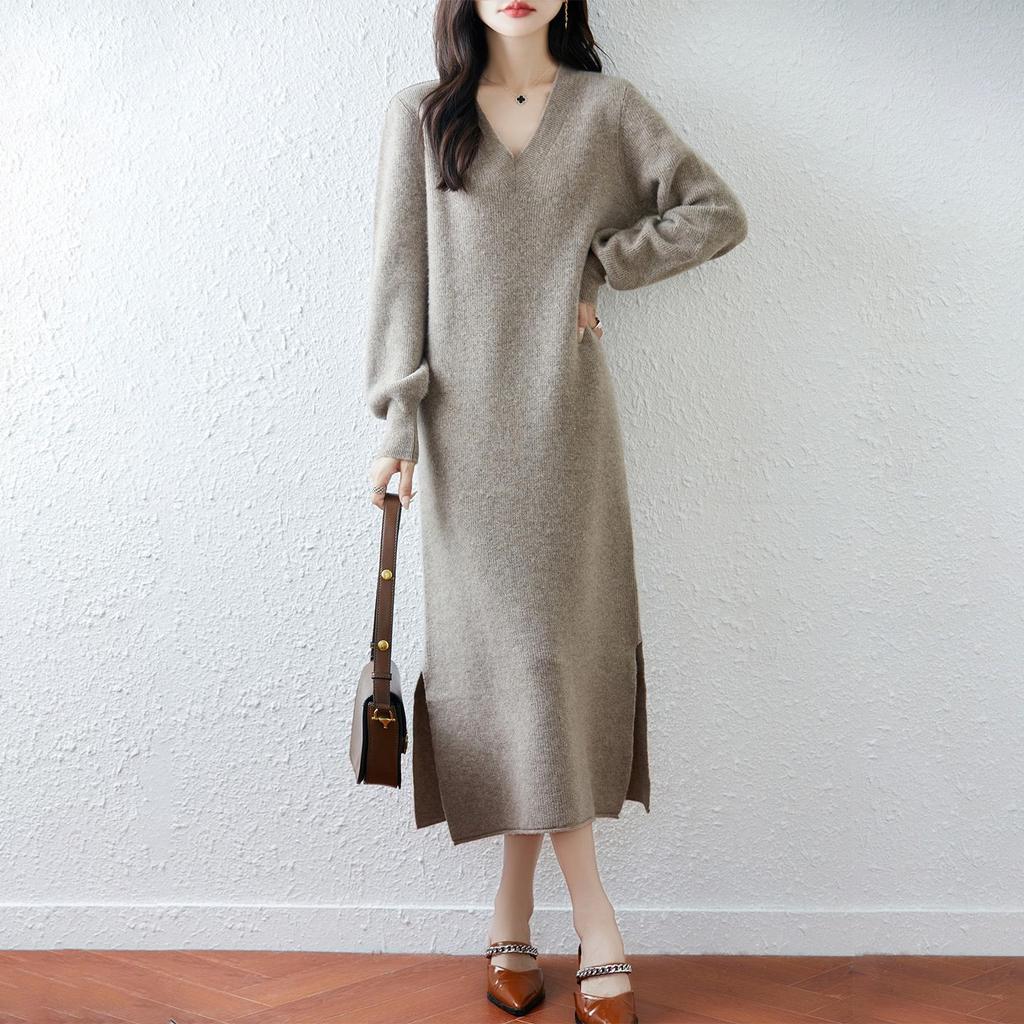 Women's V-Neck Wool Sweater Dress, Loose Fit, Slit Design, Over-the-Knee Length, Large Size, Plain Pullover, Inner Layer Long Skirt