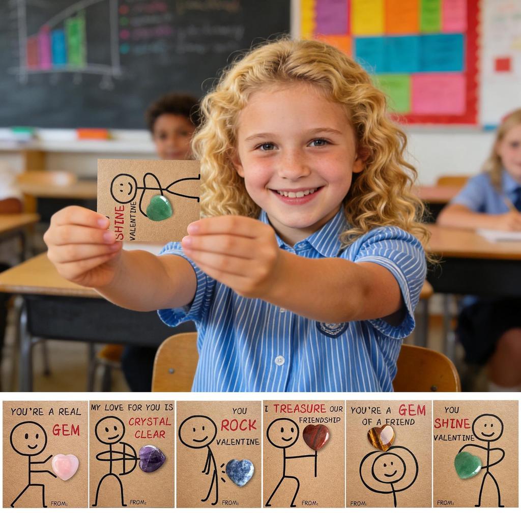 Handmade Valentine Greeting Card 24 Pack Festive Decoration Valentines Heart-shaped gemstone Greeting Card Party Gift