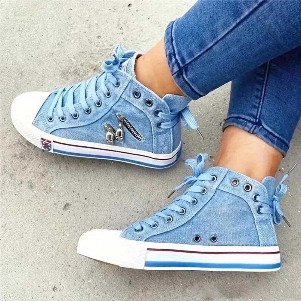 Fashion 2025 New Women Canvas Shoes Retro Lace Skull Light Blue Retro Denim High Top Sneakers Classic Metal Decoration Casual Zapatillas