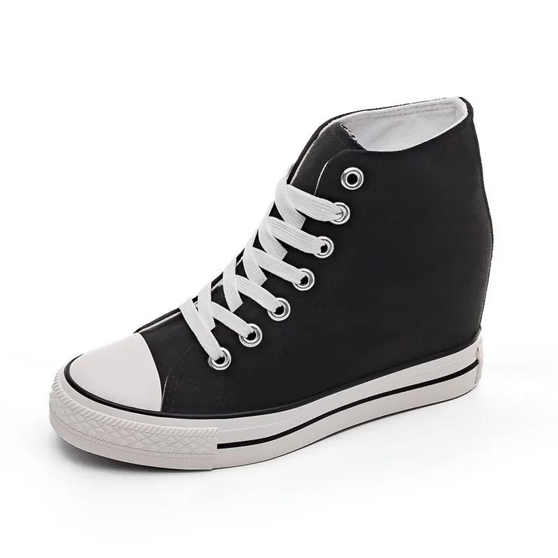 New 8cm High Heels Shoes Casual Canvas Sneakers Designer Platform Wedges Ladies Hidden Wedge Elevator Shoes White Black