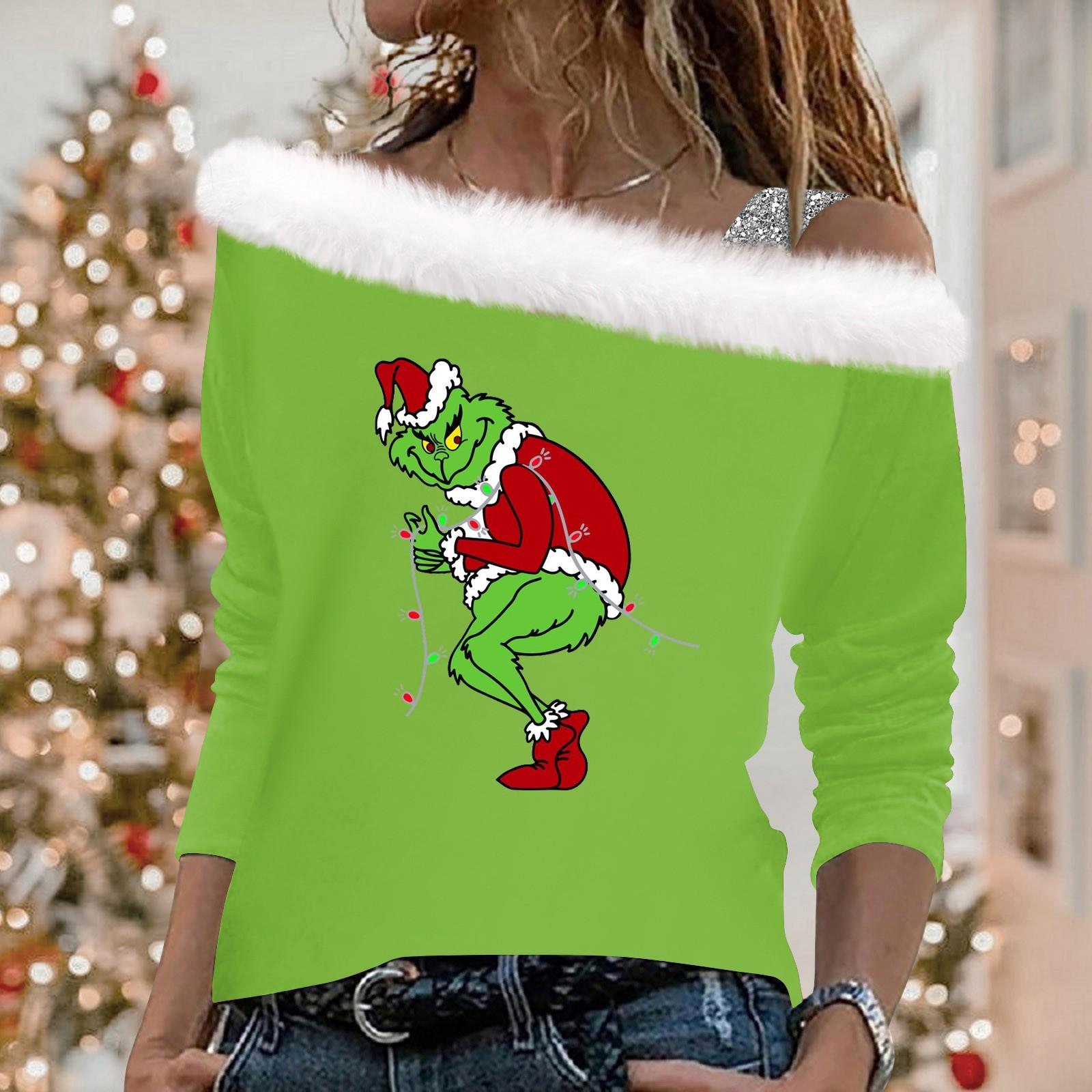 

Женские топы с длинными рукавами, свободные пуловеры с рождественским принтом XXL зелёный