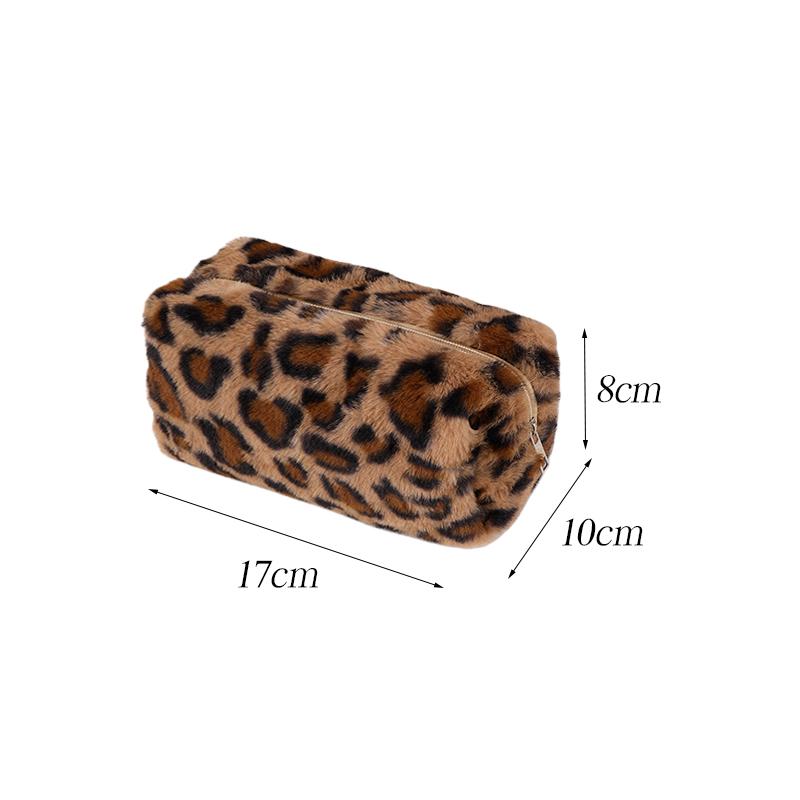 Leopard Print Plush Makeup Bag Women's Portable Large Capacity Travel Storage Bag Home Office School Student Pencil Case