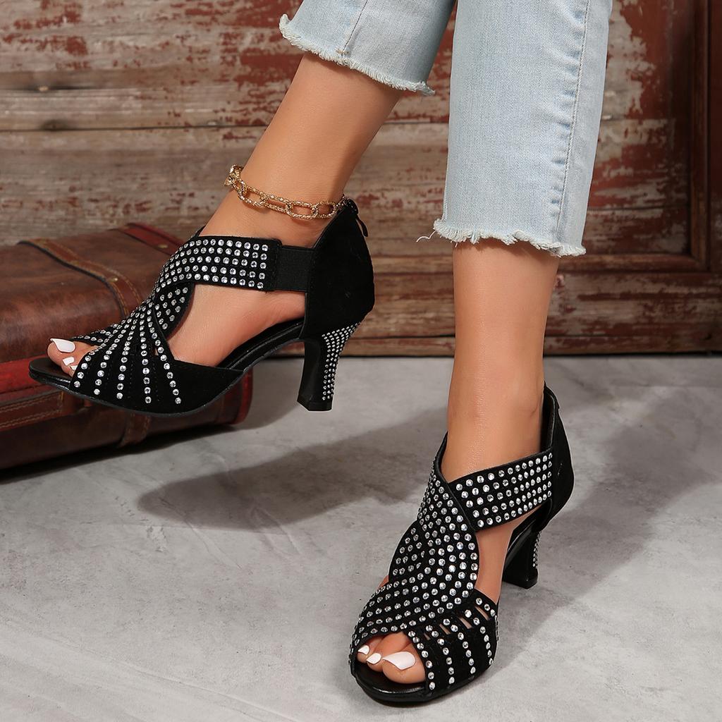 Spring Summer Rhinestone High Heeled Fish Mouth Sandals Plus Size Thick Heel Fashion Sandals Women