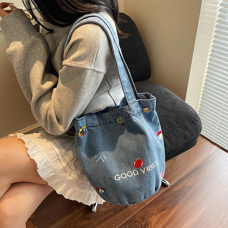 Large Capacity Denim Bag Women Embroidered Handbag Shoulder Bag