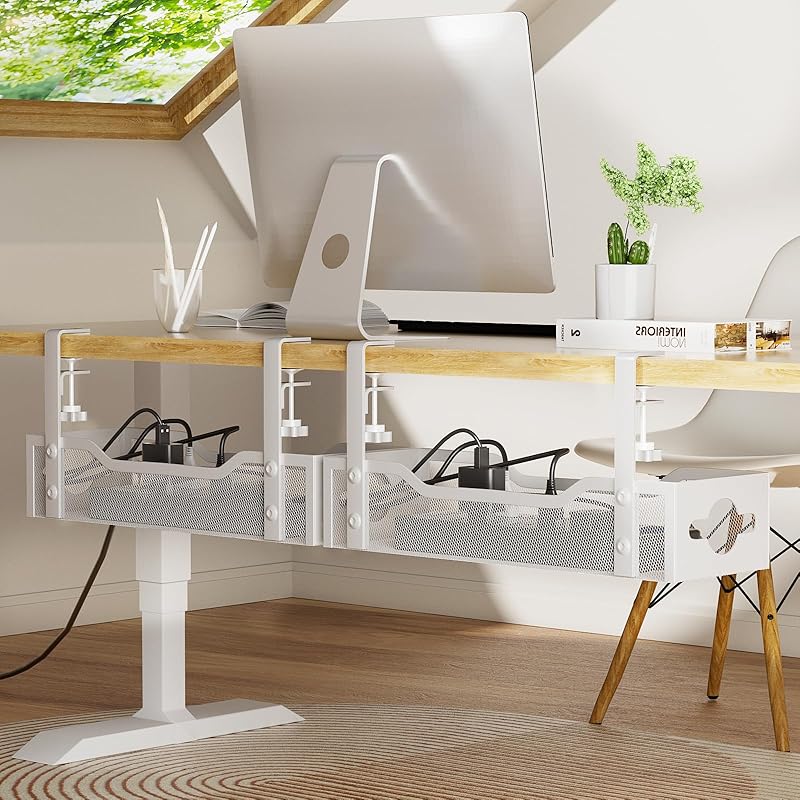 Under Desk Cable Management Tray No Drill, Metal Mesh Cable Management Under Desk with Clamp Mount, 2 Hole Cable Tray with Wire Management and Cord