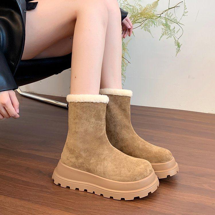 Women's Retro Office Thick-soled Short Boots Autumn Winter Casual Nude Boots Snow Boots