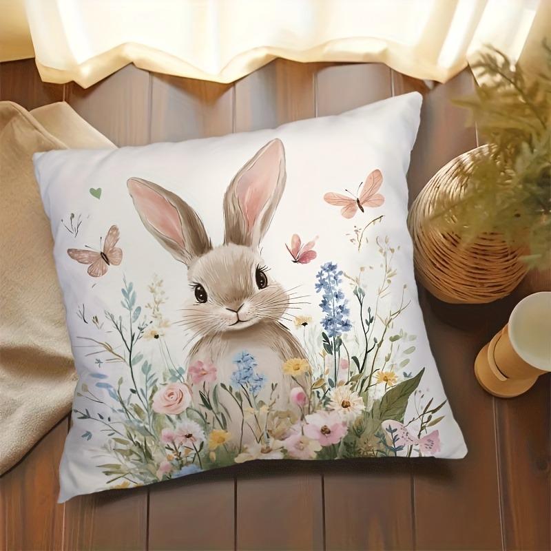 Soft Plush Easter Bunny & Floral Pillow Cover