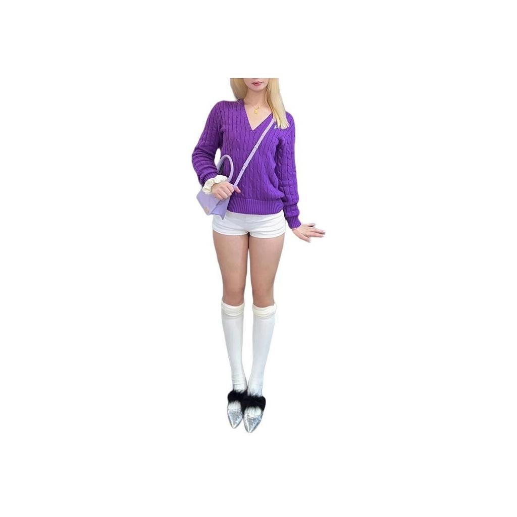 Polo Ralph Lauren Solid Color Logo Embroidered V-Neck Long Sleeve Knit Sweater Women sweater Purple 211570011-107