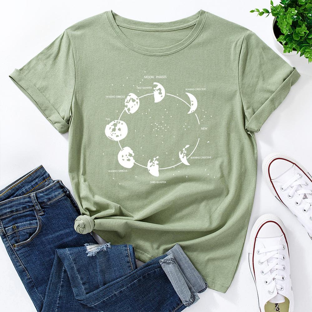 Space Secret Print Loose Round Neck Short Sleeved Pure Cotton Women's T-shirts