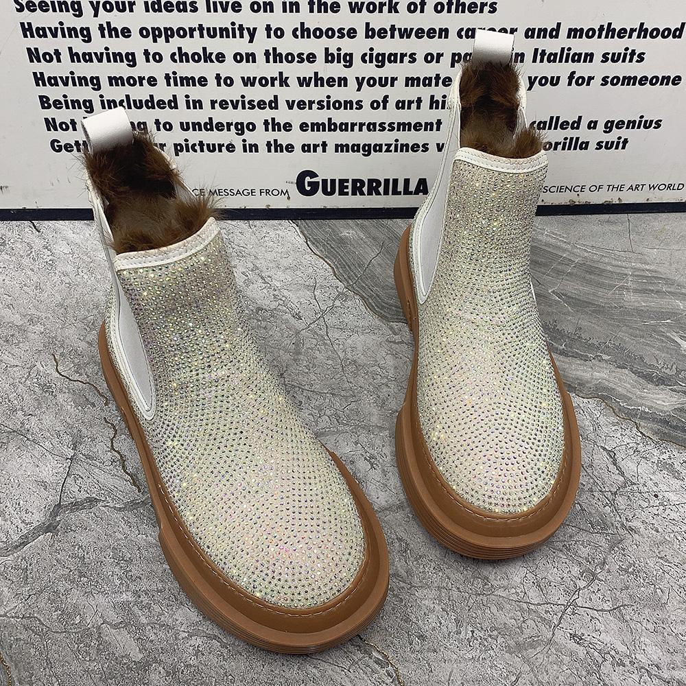 Winter Women Boots Warm Fur Snow Boots Antislip Platform Casual Ankel Boots Plus Size Fashion Rhinestone Women Cotton Shoes