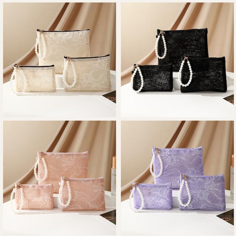 Lace Cosmetic Bag With Pearl Wrist Strap And Semi Transparent Design Perfect For Daily Makeup Storage Travel Use
