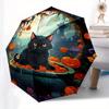 Halloween Schwarze Katze mit Kürbissen Dekorative PlatteRegenschirm mit Süßem Design, Tragbarer 3-Fach Kompakter Regenschirm für Damen & Herren, Valentinstag Muttertag
