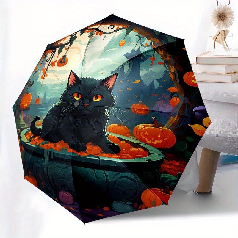 Halloween Schwarze Katze mit Kürbissen Dekorative PlatteRegenschirm mit Süßem Design, Tragbarer 3-Fach Kompakter Regenschirm für Damen & Herren, Valentinstag Muttertag