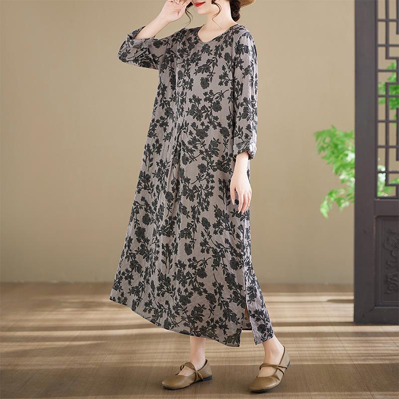 In-Stock Printed Cotton Plus Size Long-Sleeve Women's Dress with Round Neckline