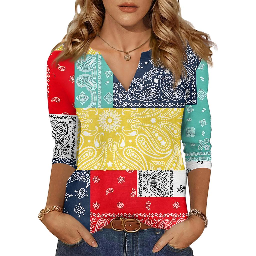 Women's Casual Fashion Sexy Comfortable V-Neck Floral Seven Sleeve Top
