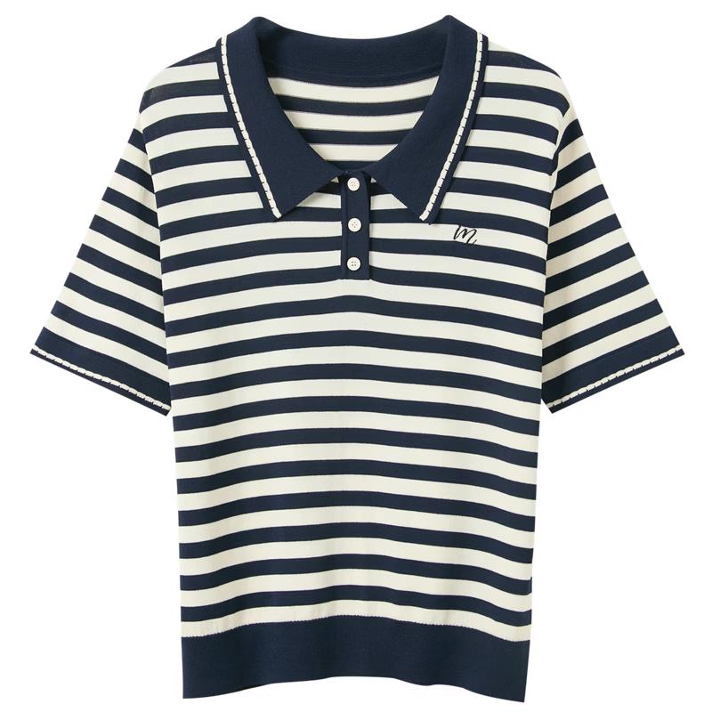 Sancai Plus Size Women s 2025 Autumn Striped Polo Neck Knitted Short Sleeve Sweater XL