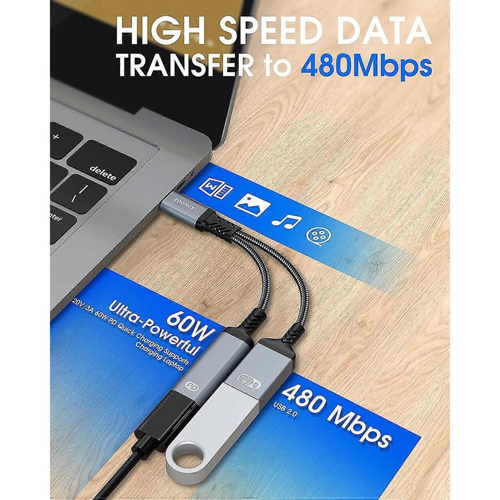 USB C to USB Adapter OTG and Charger Cable, 2 in 1 USB-C Splitter with 60W PD Charging Type C OTG and USB A Female Port Compatible with Chromecast Goo