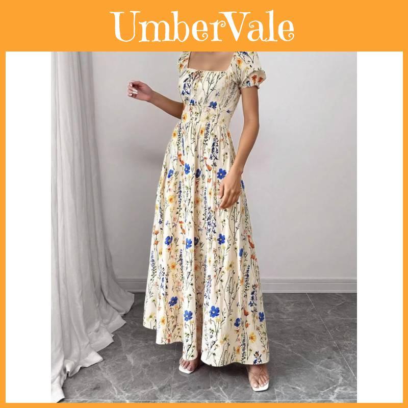 French Bubble Sleeve Printed Dress With Polyester Fabric For Summer Casual Wear