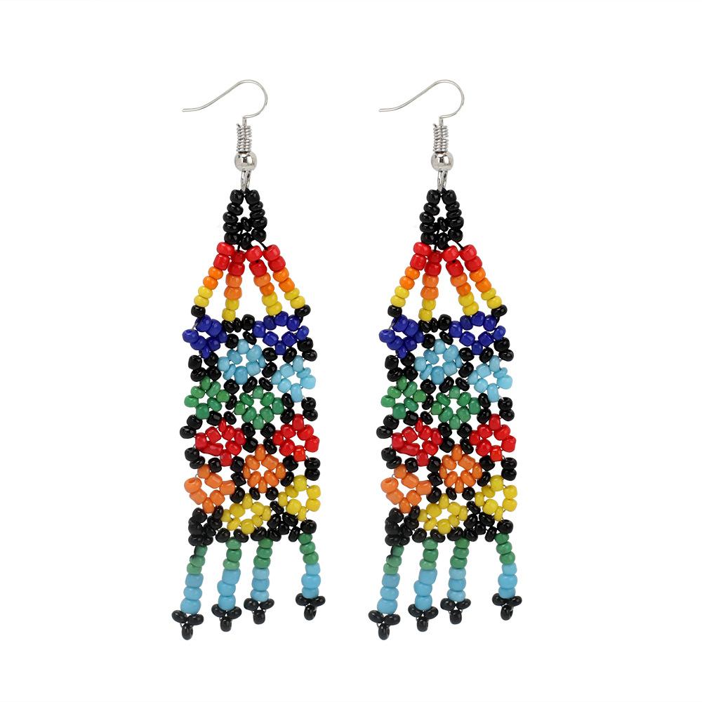 European and American ethnic style handmade rice bead fringed earrings, niche design sense vintage retro earrings